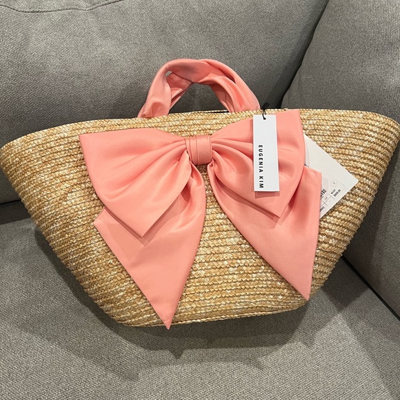 NEW EUGENIA KIM Carlotta Bow-embellished Straw Tote In Beige & Pink - Picture 2 of 9